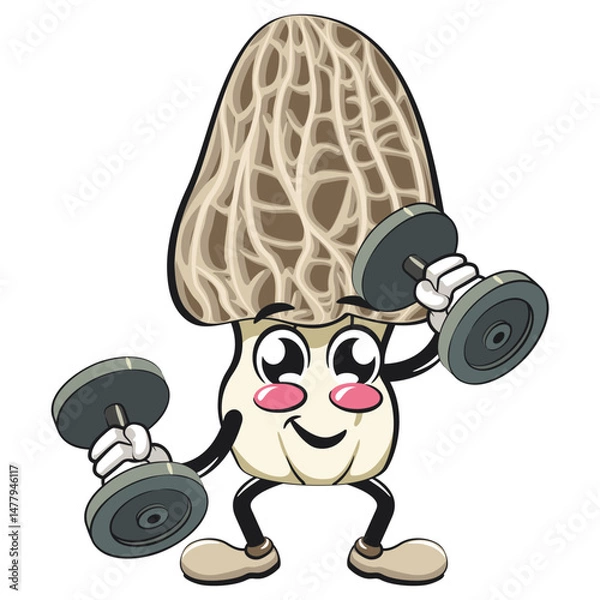 Obraz Cute Morchella mushroom vektor illustration mascot character doing barbell lifting workout, work of hand drawn