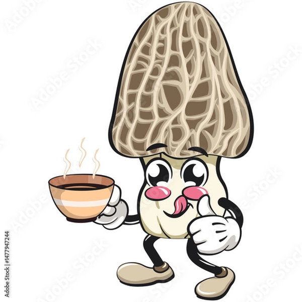 Obraz Cute Morchella mushroom vektor illustration mascot character with a cup of coffee or tea while giving a thumbs up, work of hand drawn