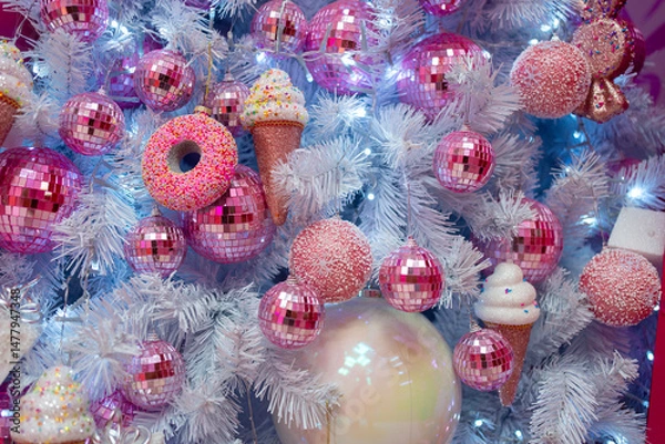 Obraz Closeup of various shiny baubles and decorations hanging on Christmas tree at home. Full frame shot of festive equipment during Xmas eve