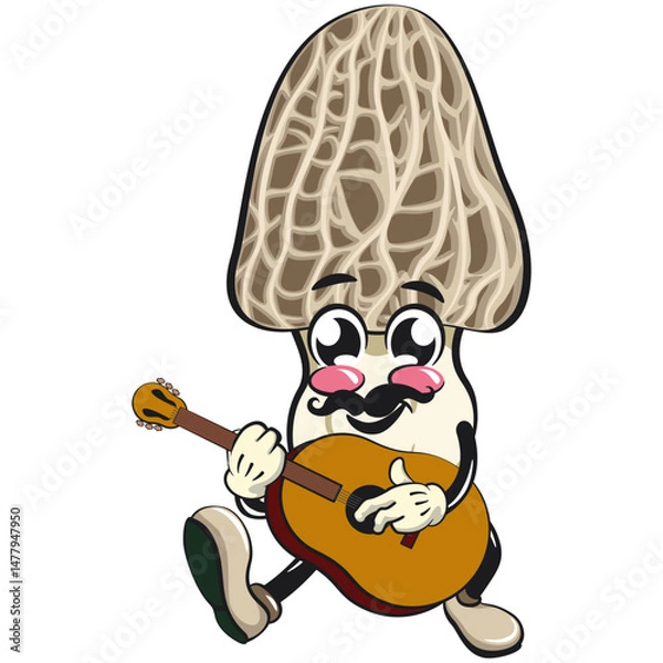 Obraz Cute Morchella mushroom vektor illustration mascot character with moustache playing guitar, work of hand drawn