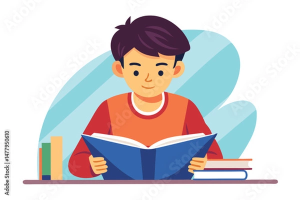 Fototapeta Young boy enjoying reading a book while sitting near stacks of books in a cozy setting with soft colors portraying a calm atmosphere