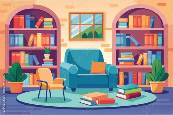 Fototapeta Cozy reading nook with armchairs, bookshelves, and plants in a bright room with large window