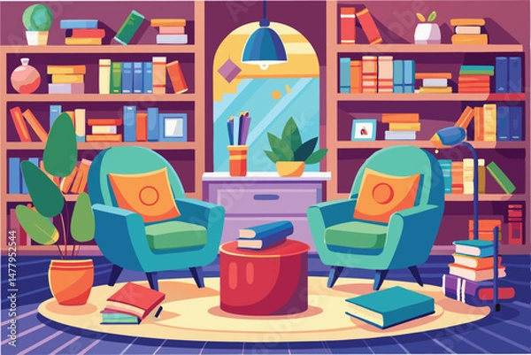 Fototapeta Cozy reading nook with armchairs, bookshelves, and plants in a bright room with large window