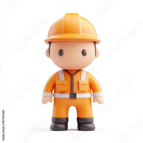 Fototapeta Smiling cartoon worker in protective orange clothing.