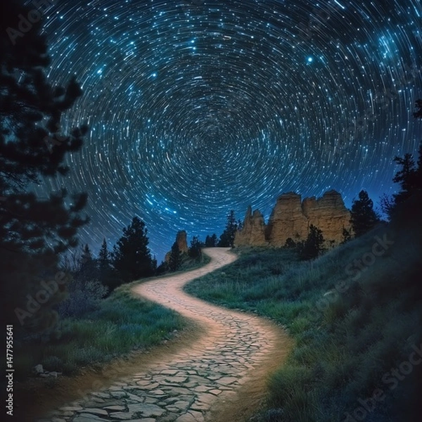 Obraz Photo: Starry Night Landscape Path Rock Formations Trees Nature Outdoors