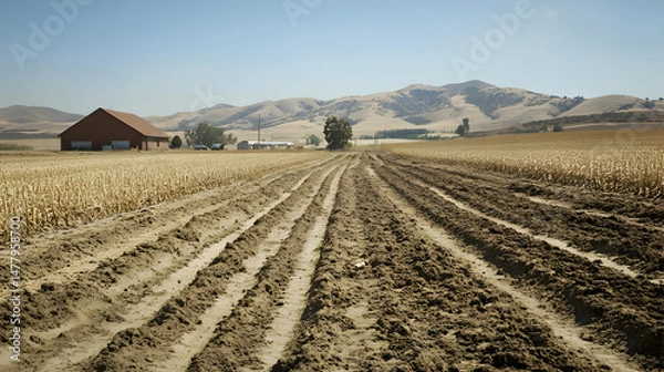 Fototapeta Expansive Farmland with Barn and Rolling Hills Under Clear Sky