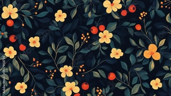 Fototapeta Floral pattern with leaves and berries