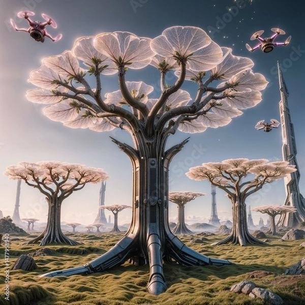 Fototapeta futuristic metallic trees and glowing drones floating above grassy terrain with distant towers for use in sci fi landscapes and fantasy concept art
