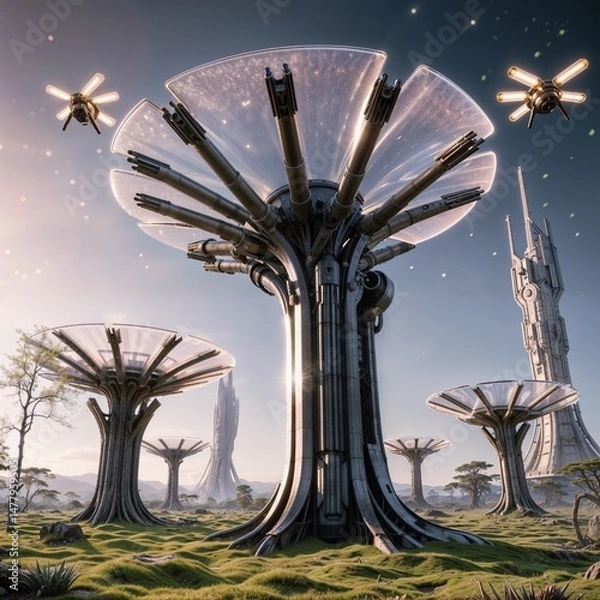 Fototapeta advanced cybernetic forest with flying drones and futuristic architecture across rocky and grassy plains for use in digital storytelling and gaming environments