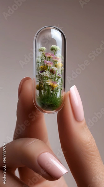 Obraz A small transparent pill filled with lush green grass and colorful wildflowers held delicately between the fingers of a female hand
