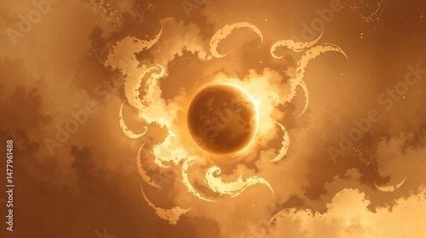 Fototapeta surreal swirling flames and dark circular shape in mystical orange brown color palette for use in fantasy art projects and atmospheric design themes