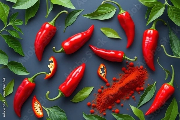 Obraz Red hot chili peppers and basil leaves on dark background. Traditional spices concept