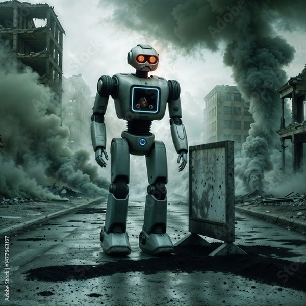 Fototapeta dystopian scene with robot in toxic mist and damaged buildings for use in concept art about air contamination and ecological disaster