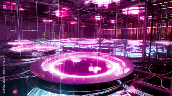 Fototapeta Futuristic Cyberpunk Environment with Neon Lights and Circles
