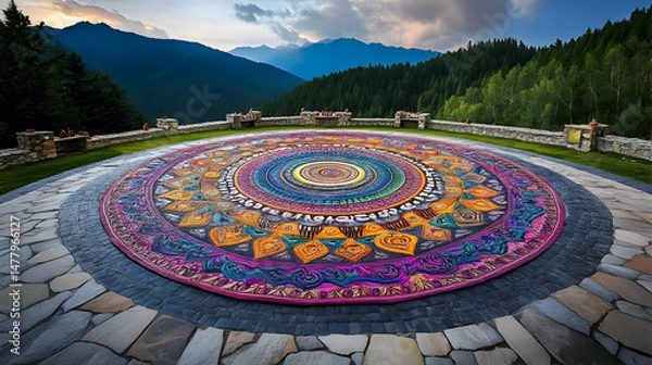 Fototapeta Colorful Mandala Pattern on Outdoor Stone Surface with Mountains
