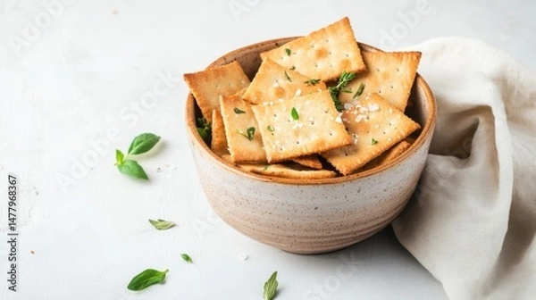 Fototapeta Rustic sourdough crackers with herbs and sea salt in ceramic bowl, soft light and linen napkin, perfect for sustainable snack and healthy eating visuals...