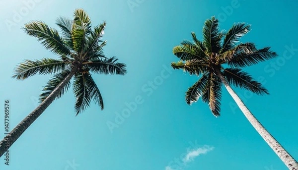 Obraz Midday Palm Sky with Minimalist Centered Composition and Cinematic Clear Tropic Textures for Lonely Palm Background