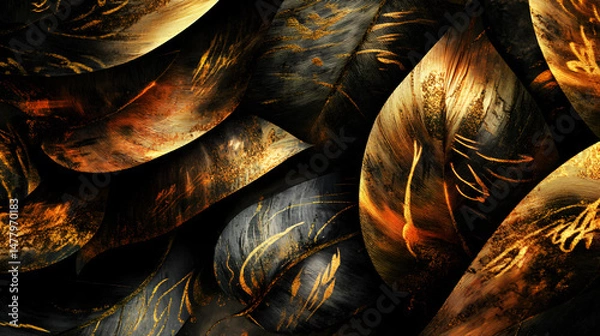 Fototapeta Abstract Textured Background with Gold and Black Feather Patterns