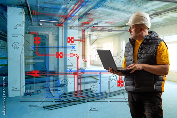 Obraz Engineer with laptop analyzing HVAC system blueprint at construction site, focusing on digital planning and building services. – Engineering, Construction, HVAC, Building Design.