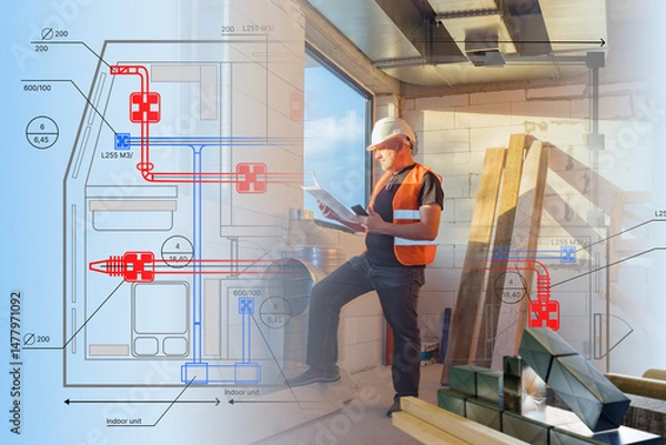 Obraz Construction engineer with plans and smartphone at building site, checking HVAC system layout overlayed on interior structure. – Construction, Engineering, HVAC, Building Design.