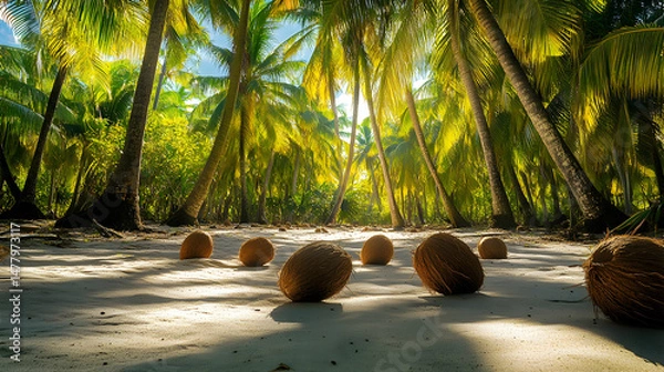 Fototapeta Lush Tropical Paradise with Palm Trees and Sandy Beach Scene