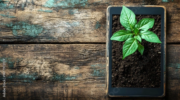 Fototapeta Green Plant Growing in Soil on a Rustic Wooden Table with Tablet