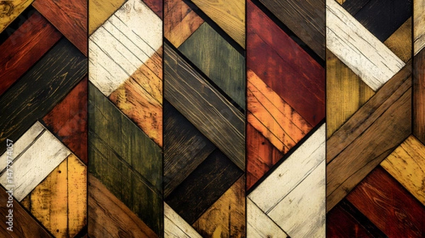 Fototapeta Colorful Wooden Plank Background with Intersecting Patterns and Textures