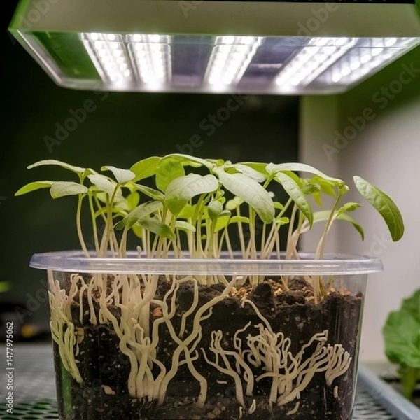 Obraz Young green seedlings grow in a plastic container under bright light, surrounded by visible white mycelium, showcasing the interaction between plant roots and fungi in an indoor setup.