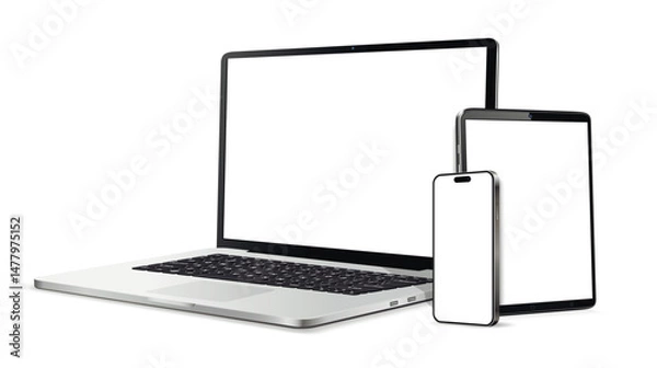 Obraz Laptop computer, tablet and cellphone realistic devices mockup