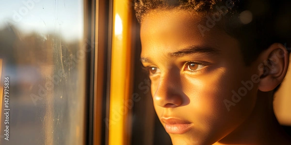 Fototapeta Thoughtful Child Looking Out the Window, Child Reflecting by a Sunlit Window