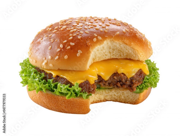 Obraz A delicious cheeseburger with a sesame seed bun, juicy patty, melted cheese, and fresh lettuce has a bite taken out of it, against a bright white background.