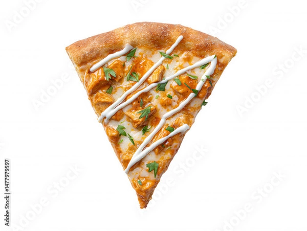 Obraz An appetizing slice of buffalo chicken pizza is beautifully displayed on a bright white background, featu fresh parsley and creamy sauce in a studio shot.