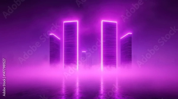 Obraz Vibrant digital landscape, neon glowing arches in a surreal purple backdrop, evoking a futuristic and dynamic theme.