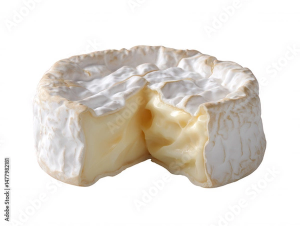 Obraz A delicious, creamy camembert cheese with a soft, white rind and a cut-out wedge showing its smooth, melting interior, isolated against a white background.