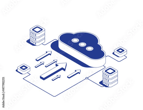 Obraz Cloud storage system with data transfer arrows showing incoming information flows to cloud icon symbolizing digital data transmission and network computing technologies in isometric line contour.