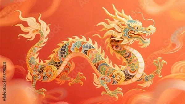 Fototapeta Ornate Golden Chinese Dragon Illustration on Red Backdrop Symbolizing Lunar New Year Festivities and Traditional Culture
