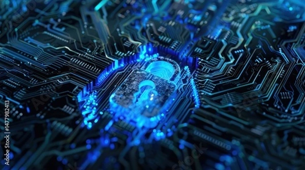 Fototapeta A close-up view showcases glowing circuit board with digital lock