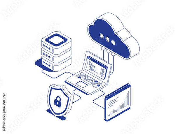 Fototapeta Cloud server with data analytics dashboard on laptop and cloud storage icon connected to server rack in isometric line contour vector illustration.