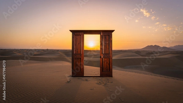 Fototapeta Wooden doorway in the desert at sunset symbolizing opportunity and hope