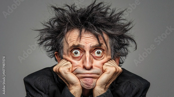 Fototapeta A man with wild disheveled hair looks tired and stressed holding his face with his hands in desperation.