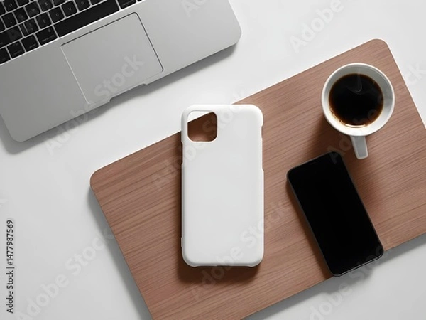 Fototapeta Modern Workspace with Smartphone, Coffee, and Laptop on Wooden Surface