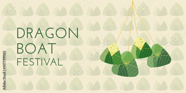 Obraz Dragon Boat Festival background with zongzi, rice and pattern light green color. Vector illustration for Duanwu Festival