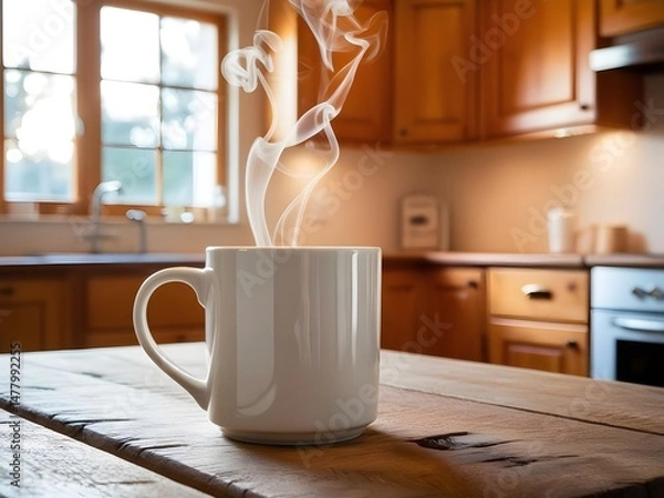 Fototapeta Warm Coffee Mug with Steam in Cozy Kitchen Setting