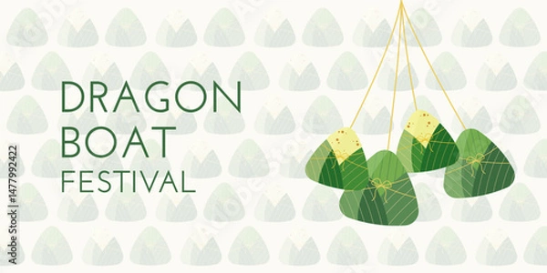 Obraz Dragon Boat Festival background with zongzi, rice and pattern light green color. Vector illustration for Duanwu Festival