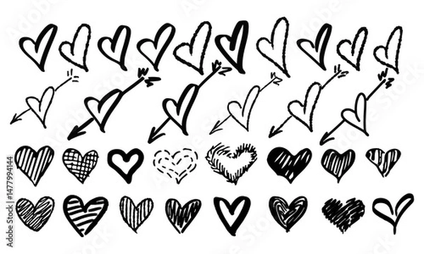Fototapeta Thirty-two hand-drawn hearts of varying shapes and textures. Doodles and squiggles. Vector set