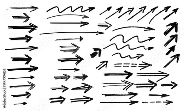 Fototapeta Fifty three hand drawn arrows of various shapes and sizes. Doodles and squiggles. Vector set