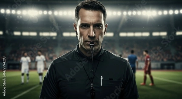 Fototapeta Soccer referee blowing whistle during game in a stadium with players and crowd