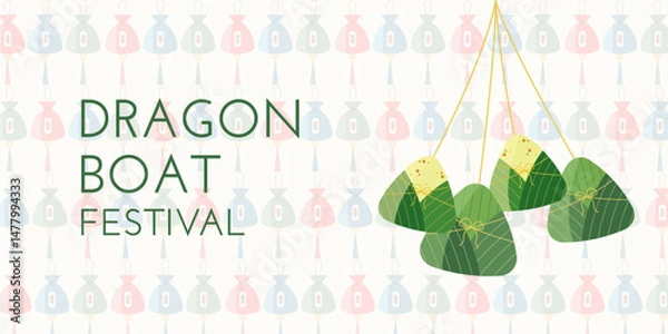 Obraz Dragon Boat Festival background with zongzi, rice, sachets and pattern light green color. Vector illustration for Duanwu Festival