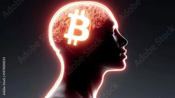 Fototapeta Silhouette of a Human Head with Illuminated Bitcoin Symbol and Circuitry Representing Digital