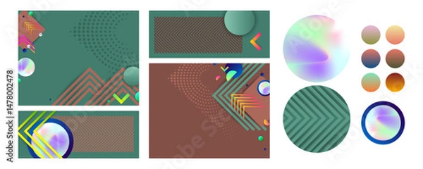 Fototapeta Set Bright juicy Bottle Green colors Fresh modern background with geometric elements, lines and dots for text, universal design, banner concept business